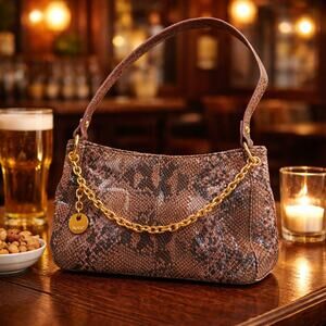 Perlina Y2K Snakeskin Leather Shoulder Bag Mauve Black Gold Chain Detail Charm